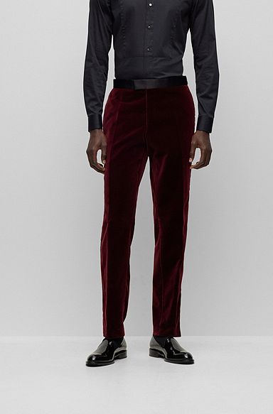 Slim-fit tuxedo trousers in pure-cotton velvet, Dark Red