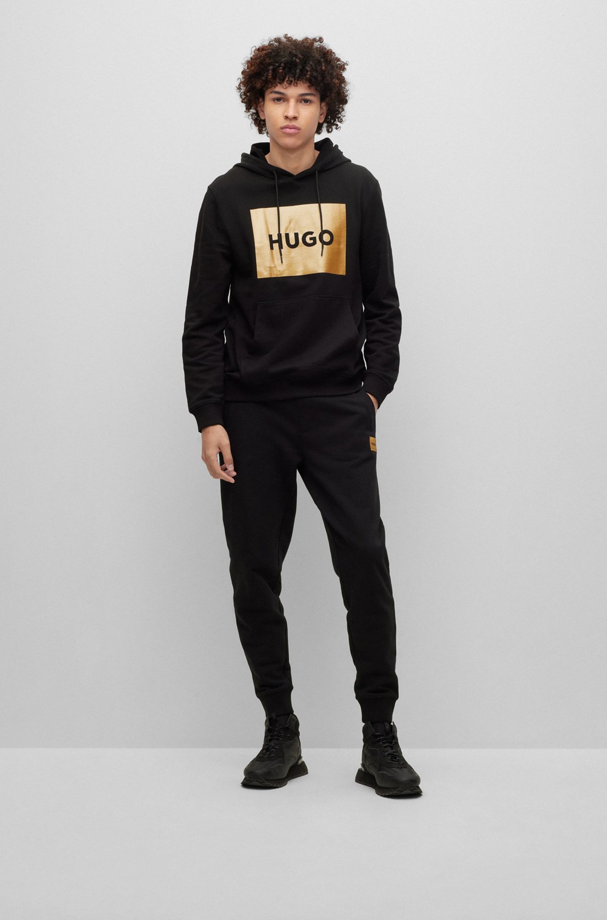 Cotton-terry hoodie with foil-print logo, Black