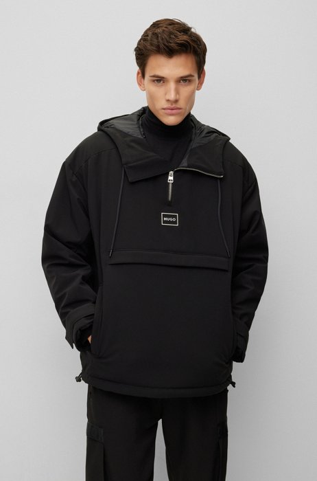 Relaxed-fit hooded windbreaker jacket with framed logo, Black