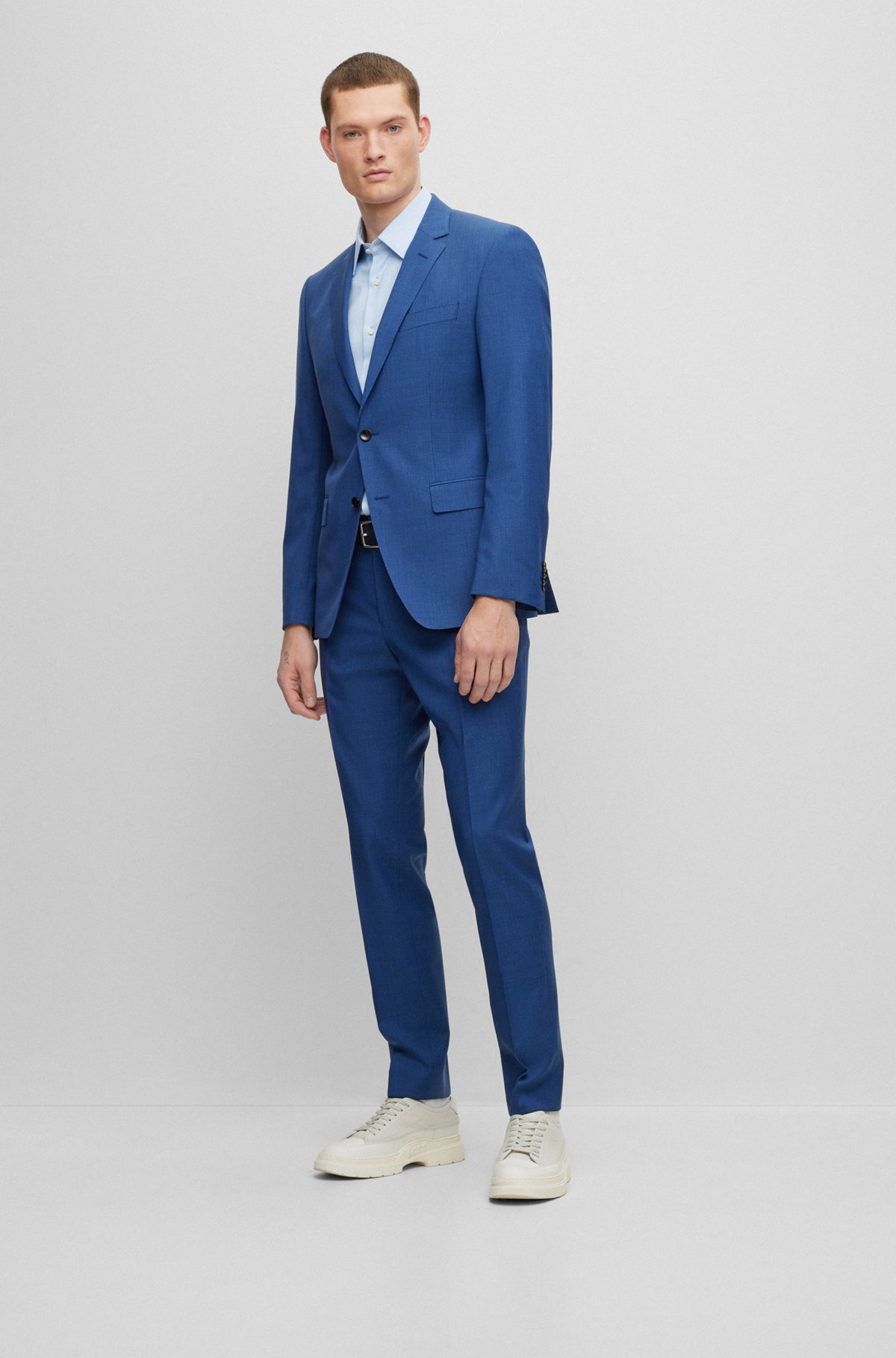 Slim-fit suit in micro-patterned responsible wool, Blue