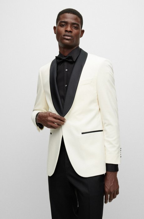 Cotton-silk tuxedo jacket with silk-blend trims, White