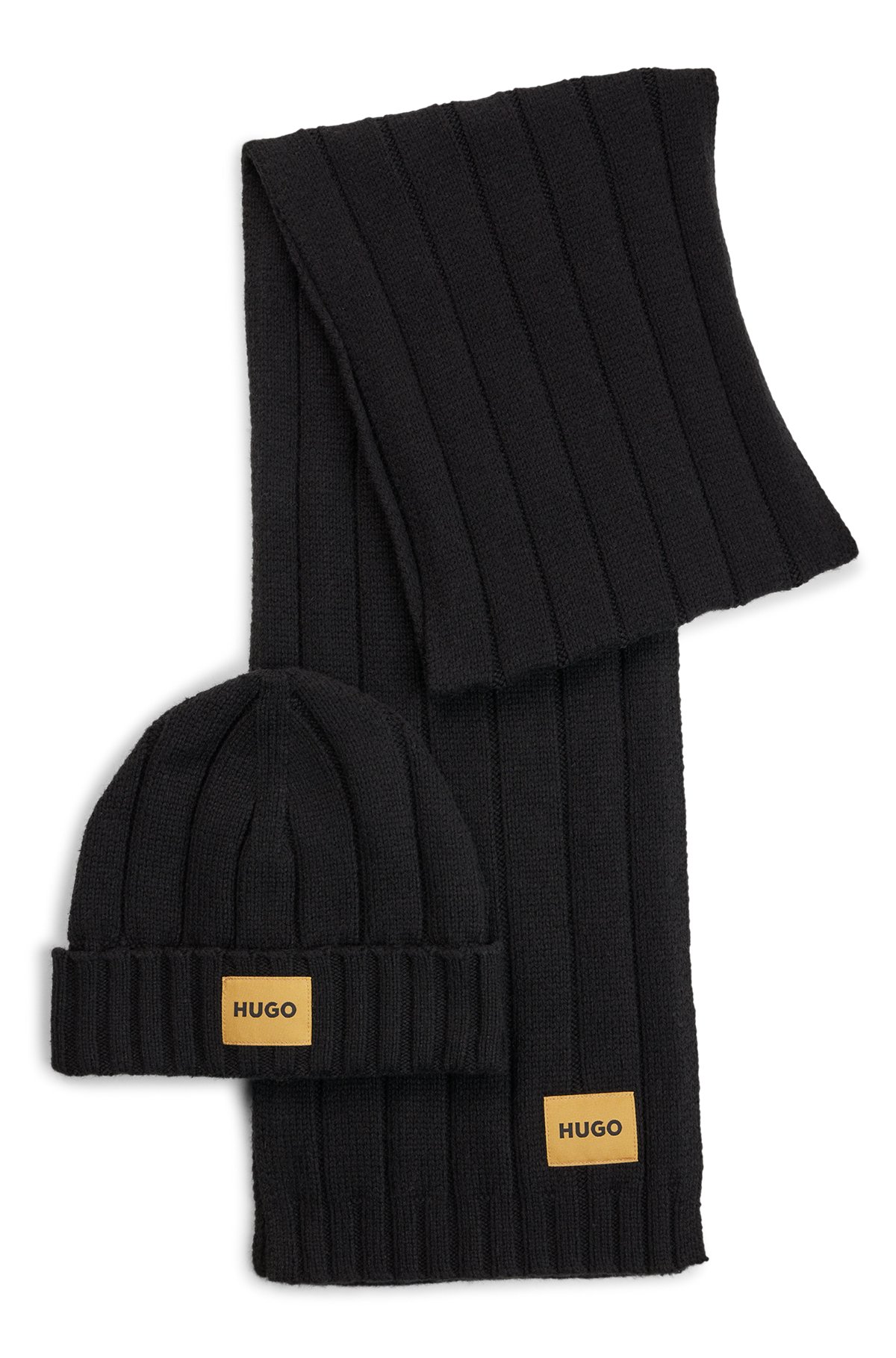 Sciarpa e cappello in misto cotone con targhette con logo effetto metallizzato, Nero