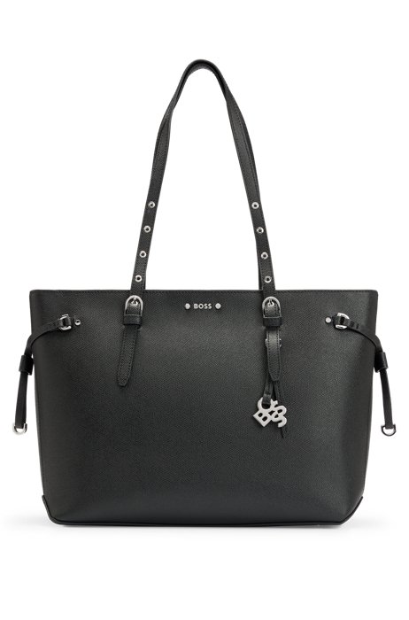 Shopper bag in grained leather with logo details, Black