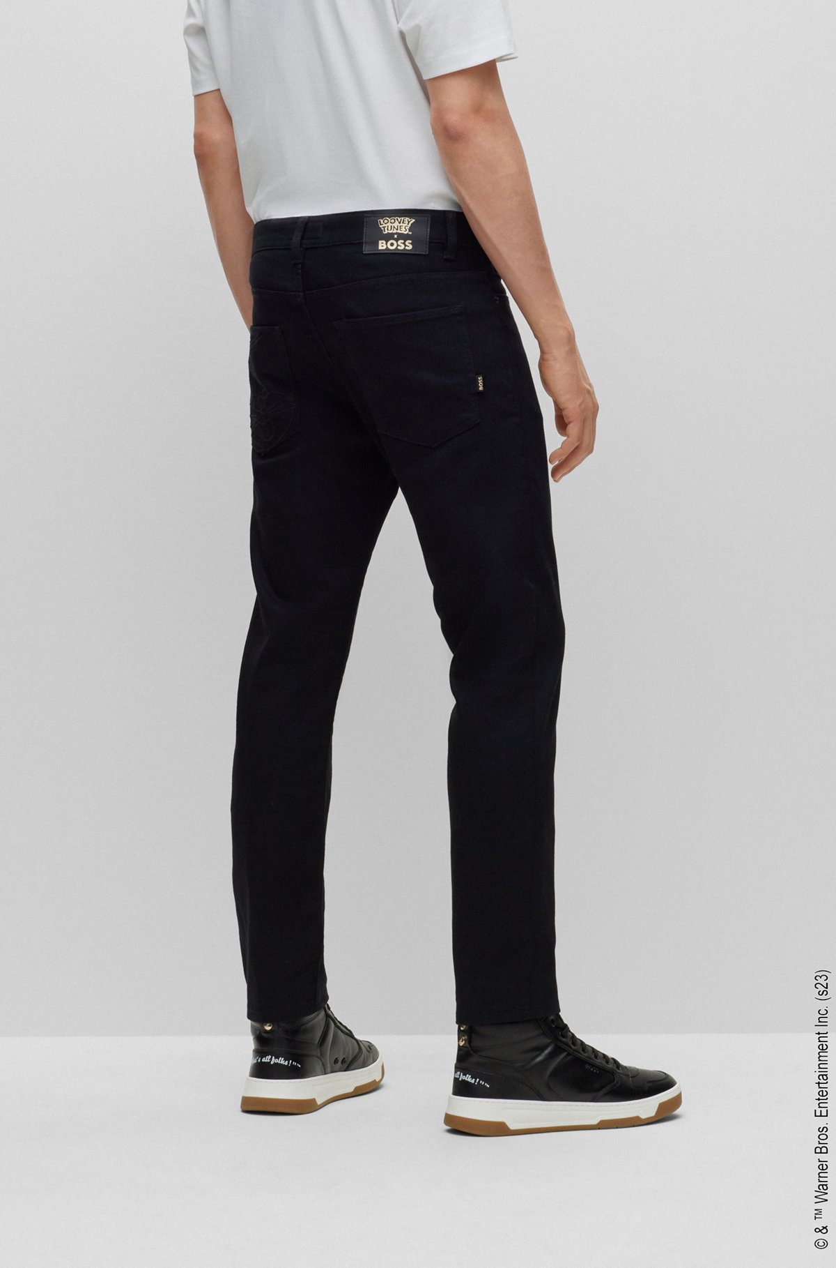 Looney Tunes x BOSS Black slim-fit jeans with cartoon embroidery, Black