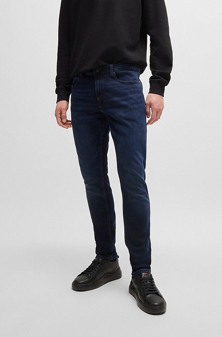 Jeans i extra slim fit i sortblå denim med stræk, Mørkeblå