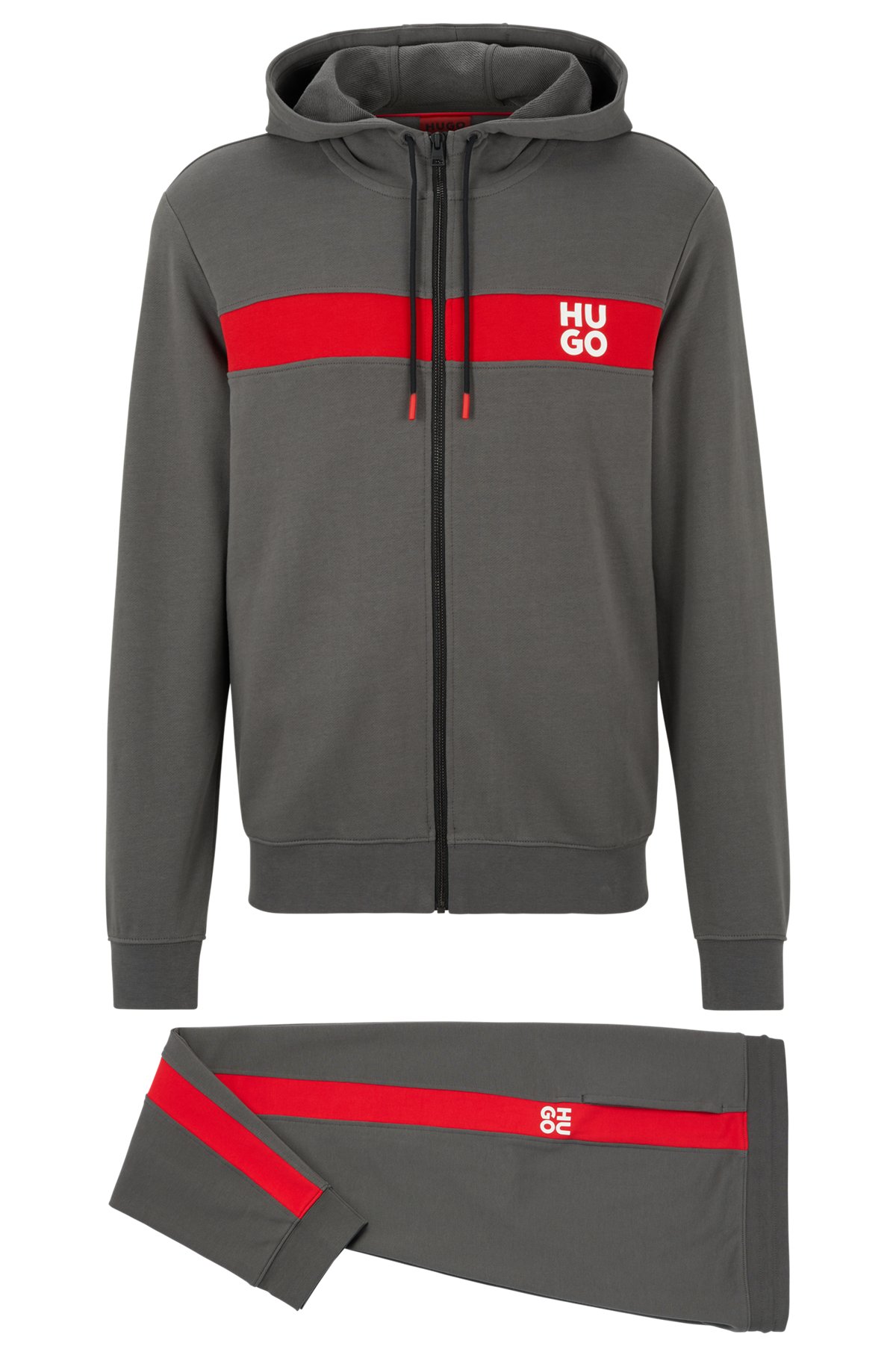 Cotton-terry tracksuit with stripes and stacked logos, Dark Grey