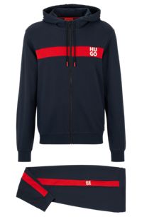 Cotton-terry tracksuit with stripes and stacked logos, Dark Blue