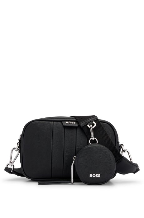 Cross-body bag with signature stripe and detachable pouch, Black