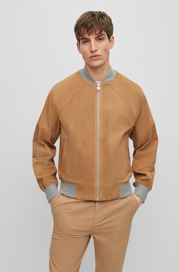 Goat-suede perforated jacket bonded with jersey, Beige