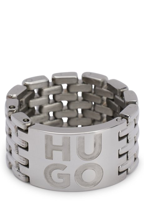 Stainless-steel link ring with stacked-logo engraving, Silver
