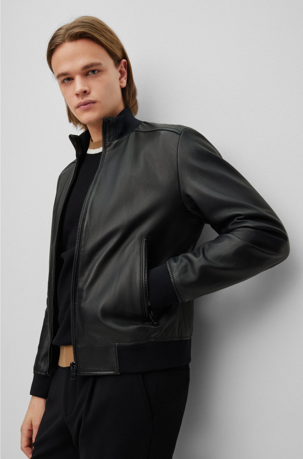BOSS - Bomber-style jacket in lamb leather with chunky zip