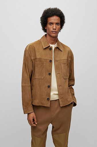 Regular-fit shirt-style jacket in suede, Brown