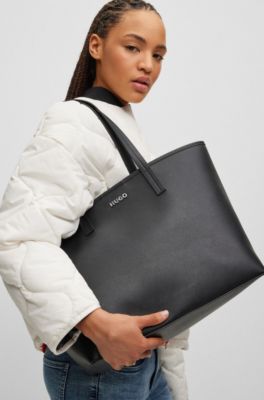 Faux-leather shopper bag with detachable inner pouch, Black