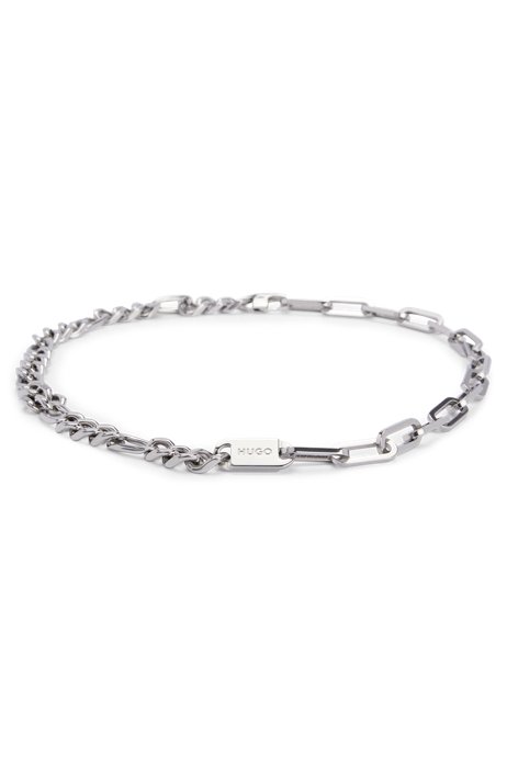 Mixed-chain necklace with engraved logo plate, Silver