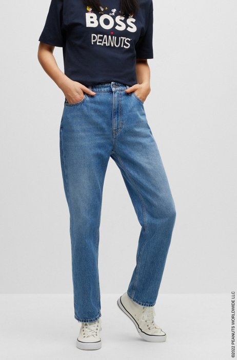 Straight-fit jeans in blue denim with logo artwork, Blue