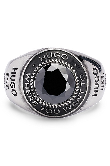 HUGO 雨果黑色宝石装饰不锈钢材质刻印标语图章戒指,  001_Black
