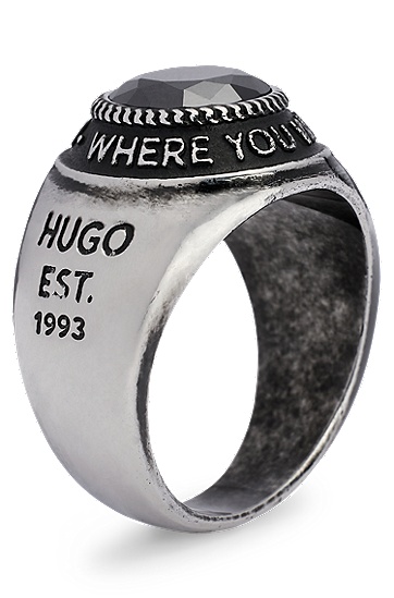 HUGO 雨果黑色宝石装饰不锈钢材质刻印标语图章戒指,  001_Black