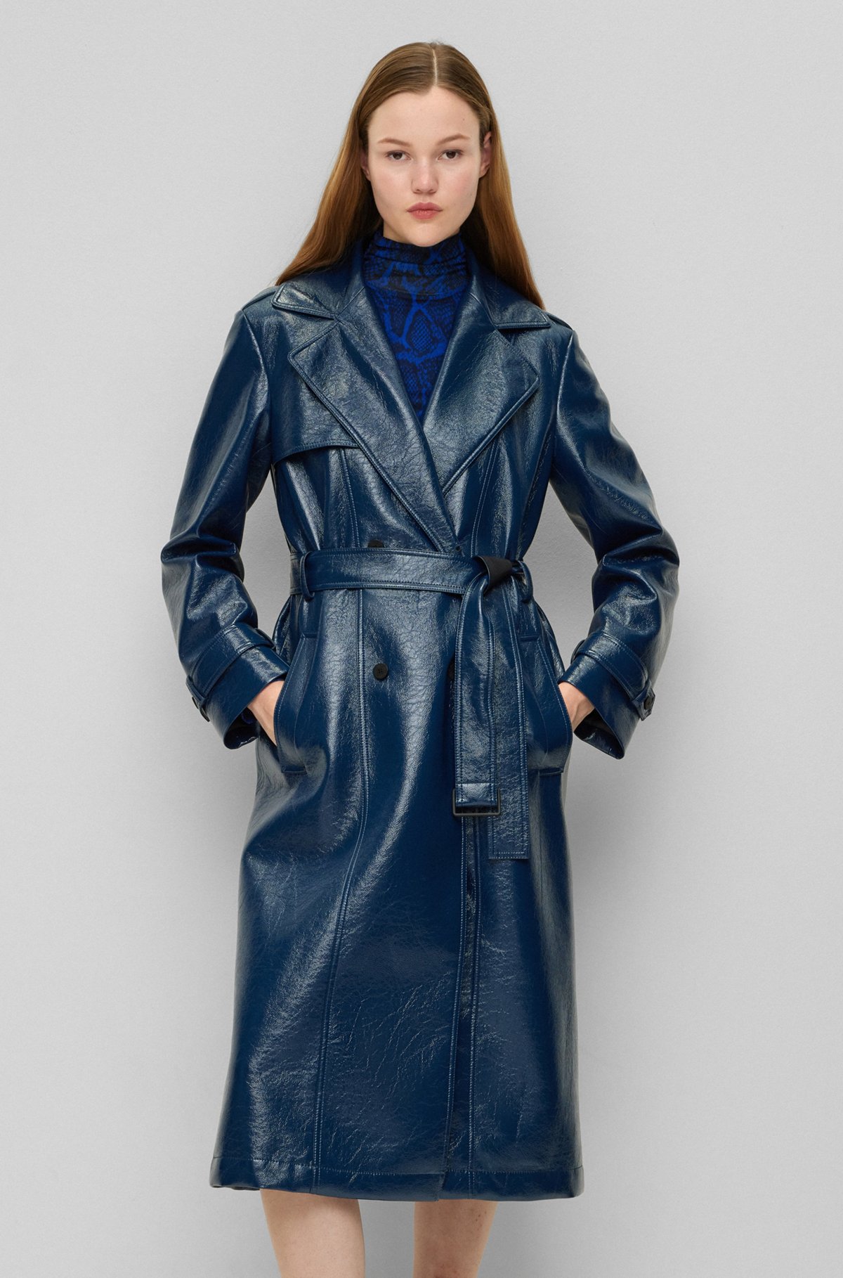 HUGO - Belted trench coat in lacquered faux leather
