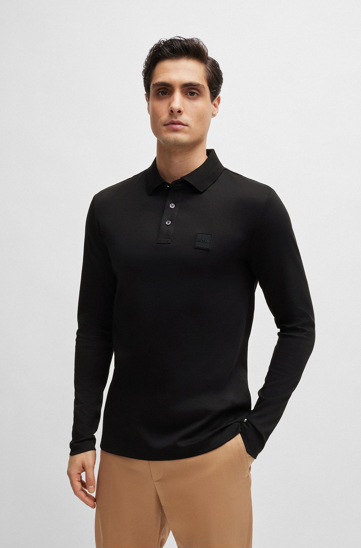 Mercerised-cotton polo shirt with logo patch, Black