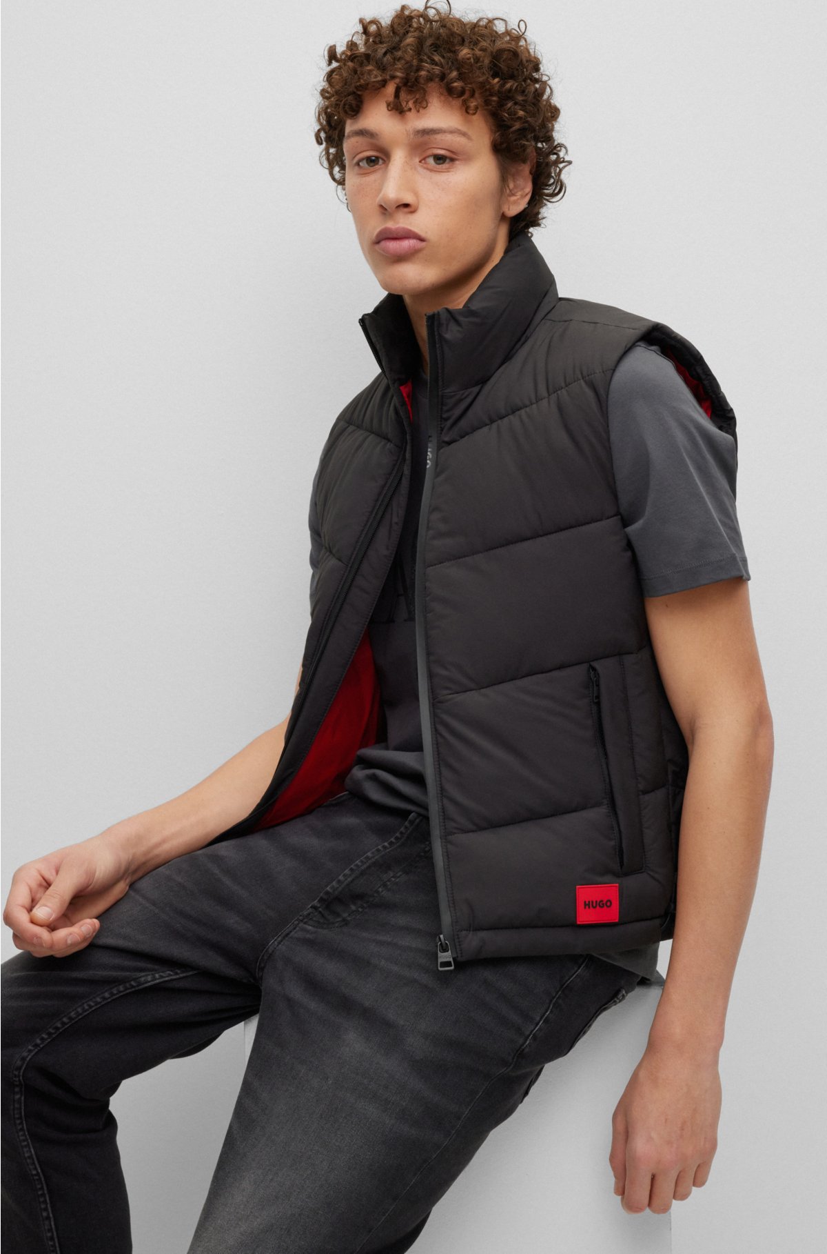 HUGO - Water-repellent slim-fit gilet with red logo label