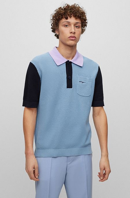 Cotton-blend oversized-fit polo sweater with colour blocking, Light Blue