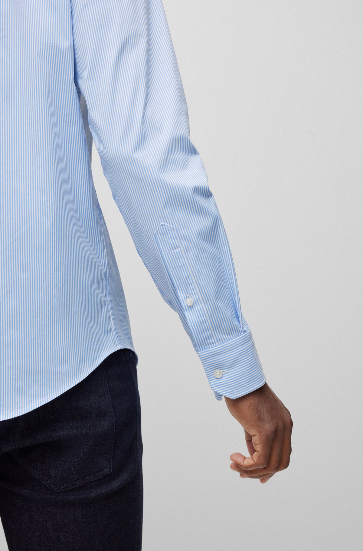 Regular-fit shirt in striped performance-stretch twill, Light Blue