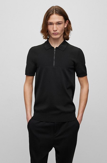 Mixed-structure slim-fit polo sweater with zipped placket, Black