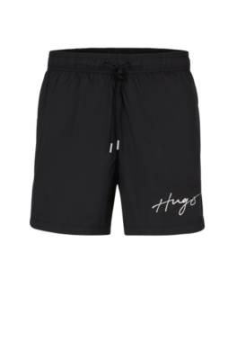 Hugo Boss Recycled-material Swim Shorts With Handwritten Logo In Black