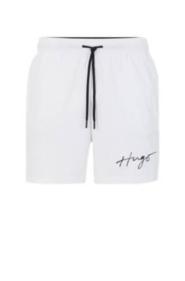 Hugo Boss Recycled-material Swim Shorts With Handwritten Logo In White