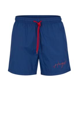 Hugo Recycled-material Swim Shorts With Handwritten Logo In Blue