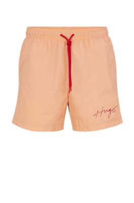 Hugo Boss Recycled-material Swim Shorts With Handwritten Logo In Red