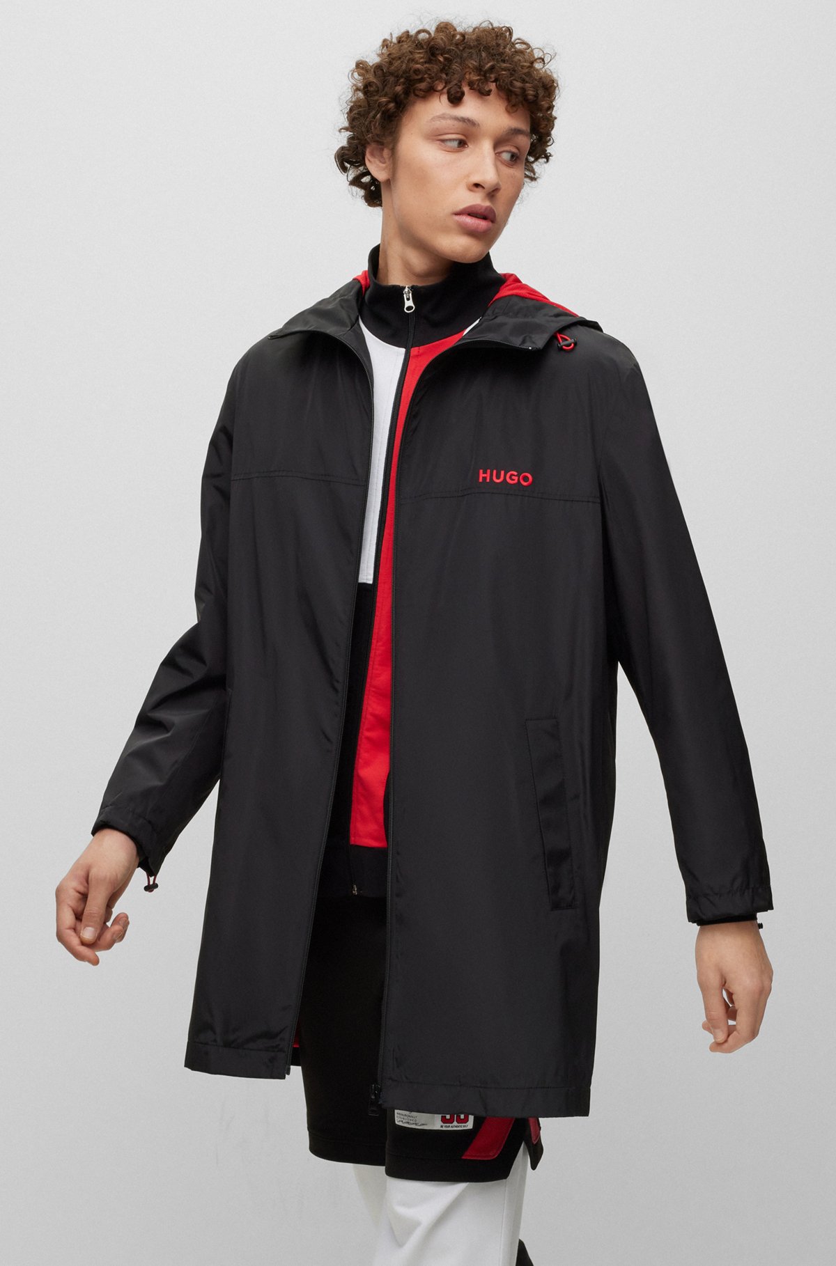 HUGO - Water-repellent hooded windbreaker coat with logo details
