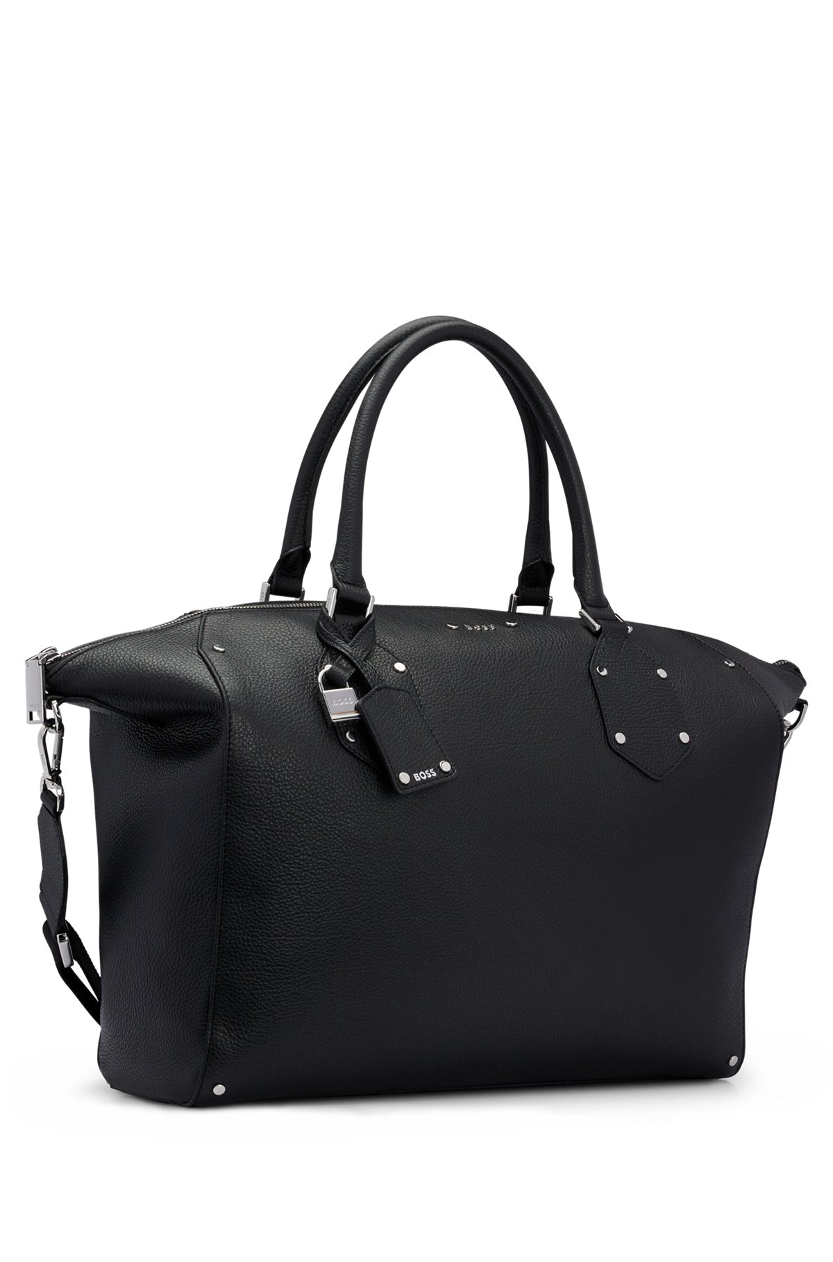 Grained-leather tote bag with logo details, Black