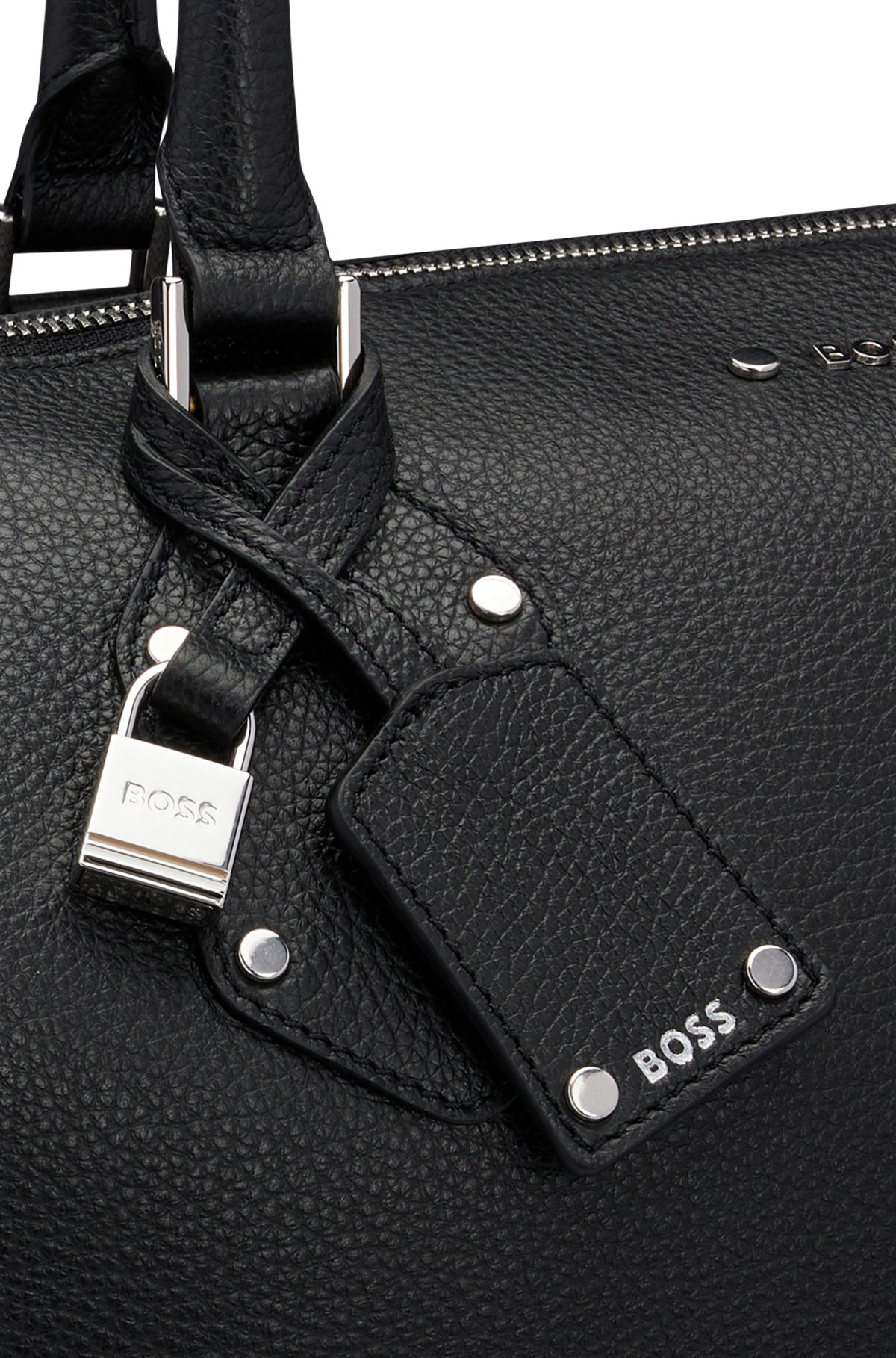 Tote Bag aus genarbtem Leder mit Logo-Details, Schwarz