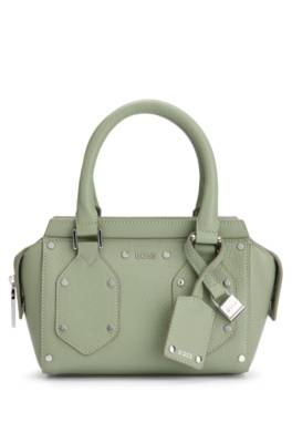 Hugo Boss Grained-leather Mini Tote Bag With Padlock And Tag In Light Green