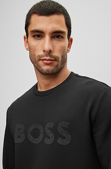 BOSS 博斯水钻点缀徽标棉质混纺宽松运动衫,  001_Black