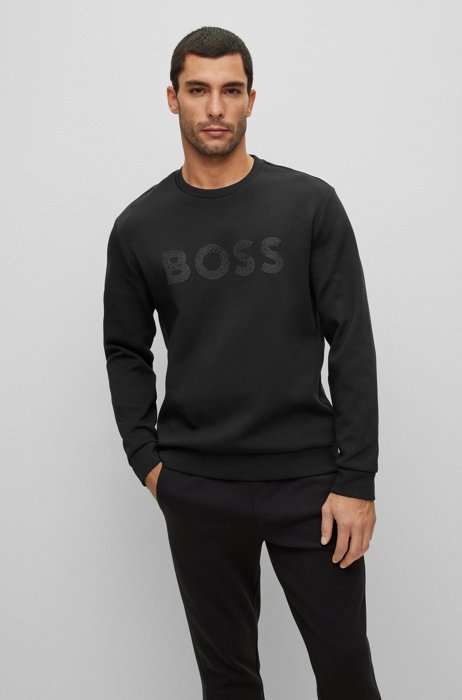Cotton-blend sweatshirt in relaxed-fit with rhinestone logo, Black