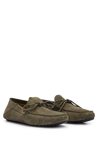 Suede moccasins with knotted-lace trim, Light Green