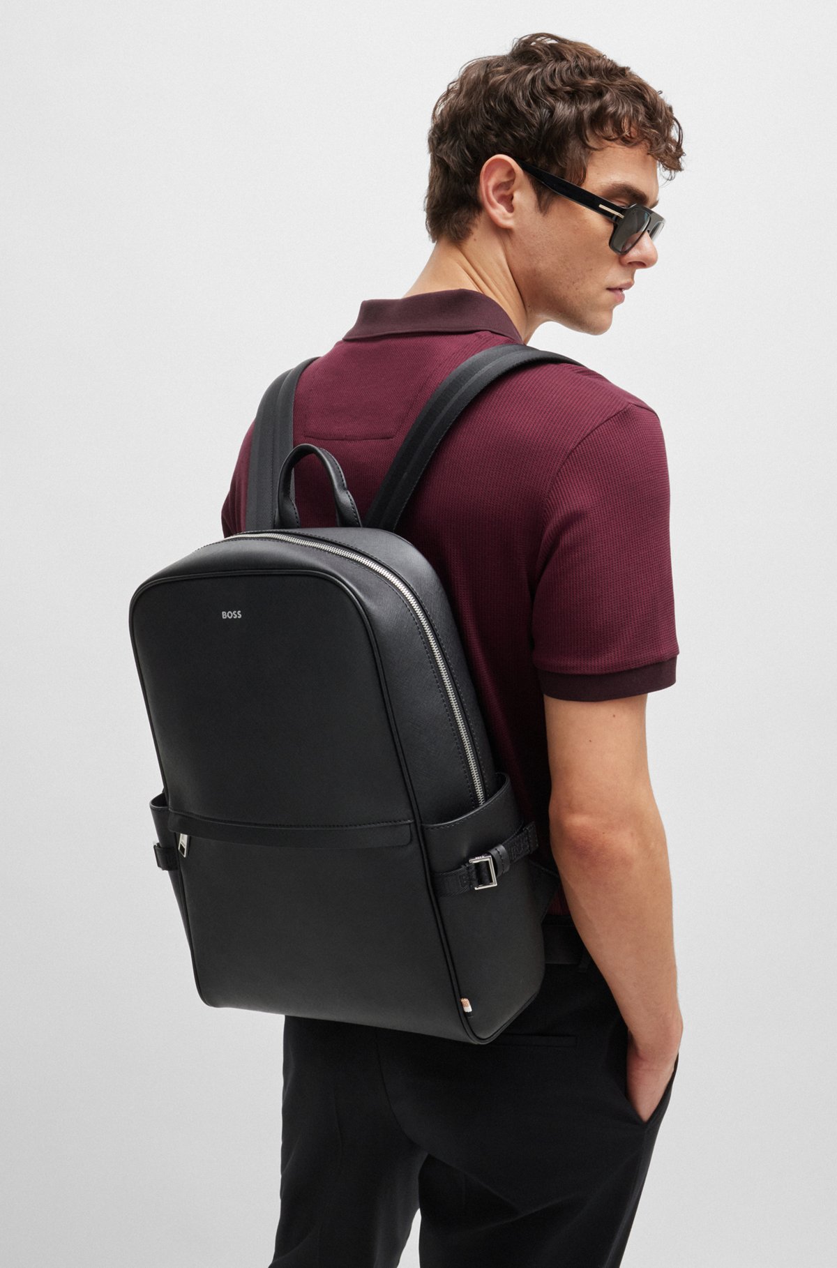 BOSS - Structured-leather backpack with silver-tone logo