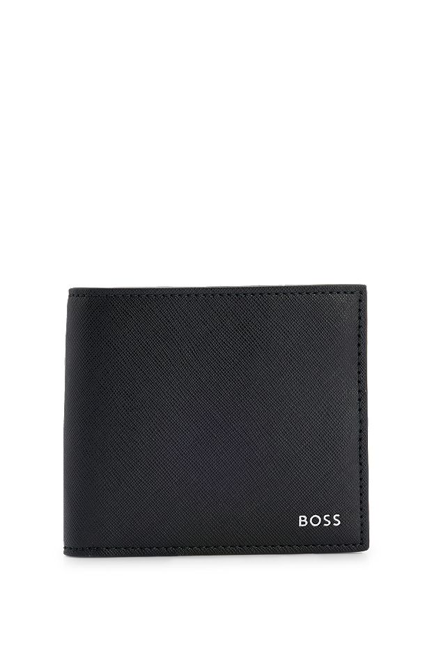 Structured billfold wallet with logo lettering and coin pocket, Black
