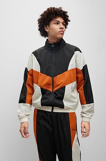 Colour-blocked zip-up jacket with logo print, Patterned