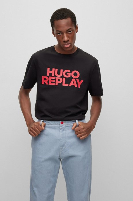 HUGO | REPLAY capsule-logo-print T-shirt in organic cotton, Black