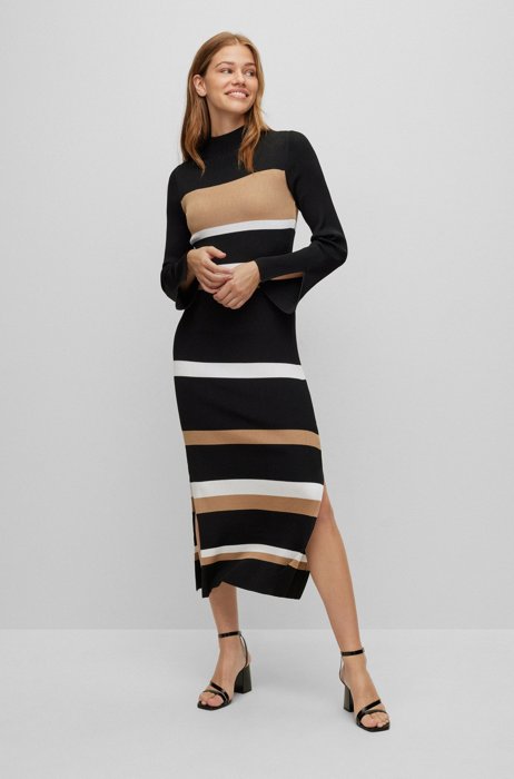 Block-stripe knitted dress with mock neckline, Black