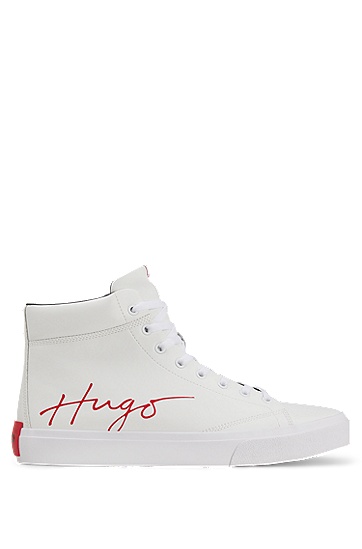 HUGO 雨果手绘徽标图案粘合皮革高帮运动鞋,  100_White