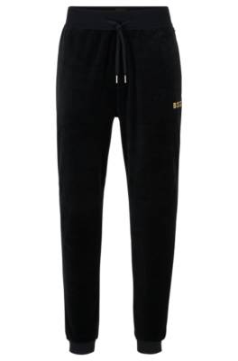 Hugo Boss Cotton-blend Velour Tracksuit Bottoms With Embroidered Logo In Black