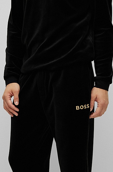 BOSS 博斯刺绣徽标棉质混纺丝绒运动裤,  001_Black