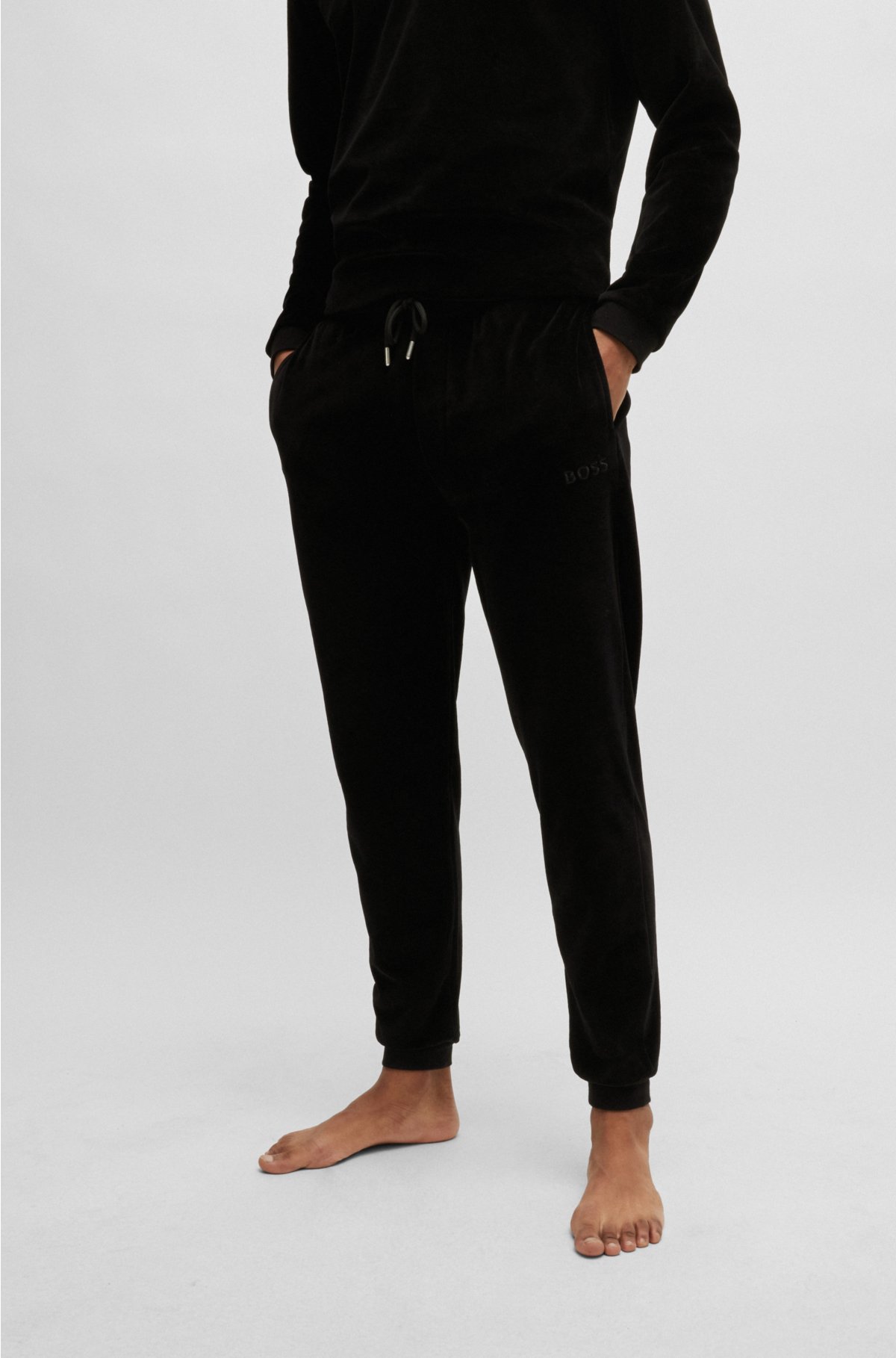 BOSS - Cotton-blend velour tracksuit bottoms with embroidered logo