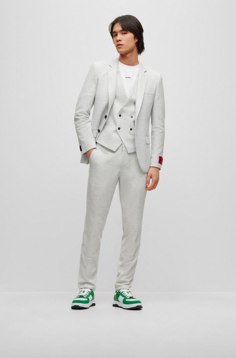 Extra-slim-fit three-piece suit in melange fabric, Light Grey