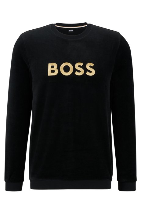Sweatshirt aus Baumwoll-Mix mit Velours-Finish und Logo-Stickerei, Schwarz