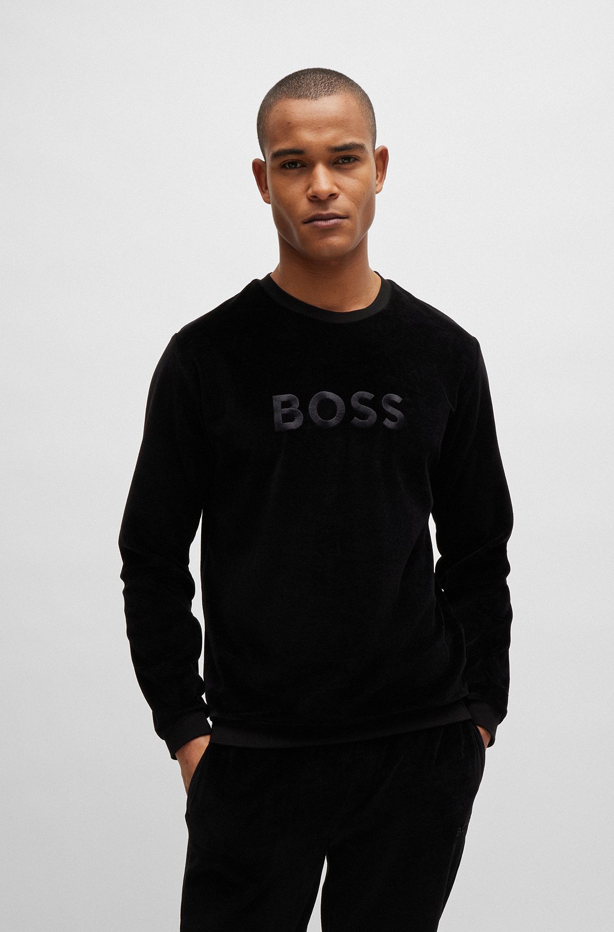 Cotton-blend velour sweatshirt with embroidered logo, Black